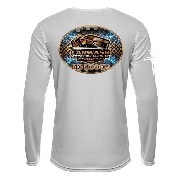 Camisa manga larga gris con logo trasero de Under Pressure Auto Detailing