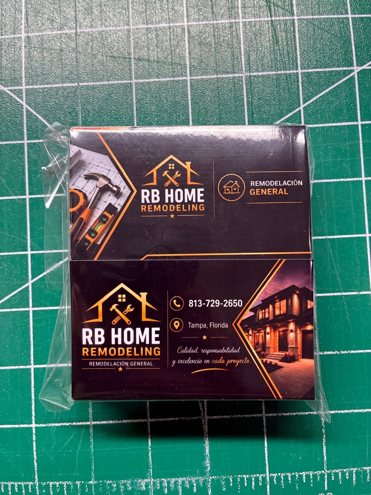 Tarjetas de RB Home Remodeling en negro y naranja
